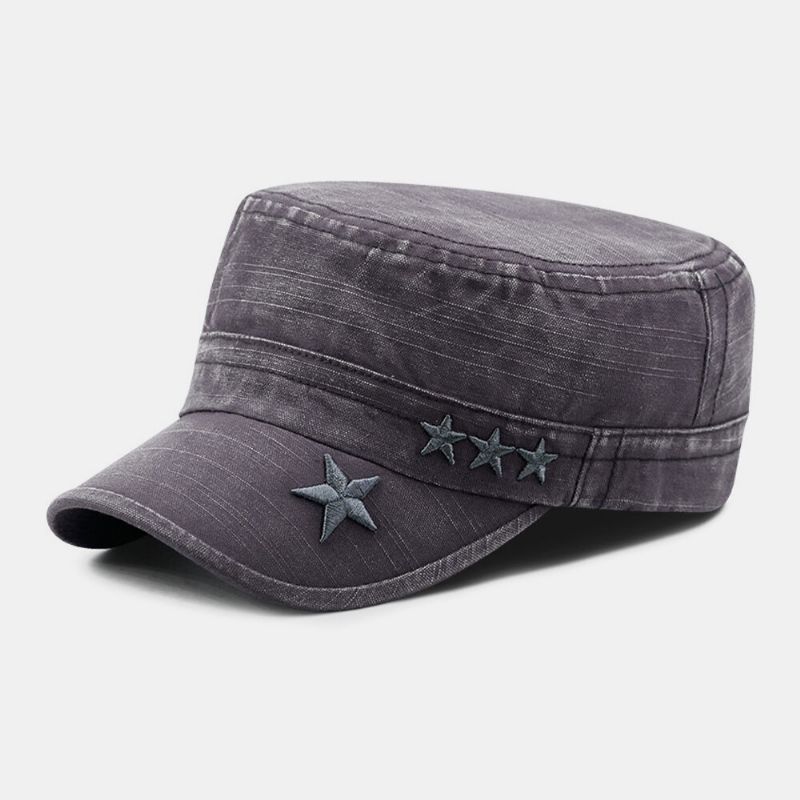 Hombres Hechos A Mano De Mezclilla Con Patrón De Bordado De Estrellas Visera Solar Transpirable Sombrero Militar Sombrero Plano Gorra Con Visera