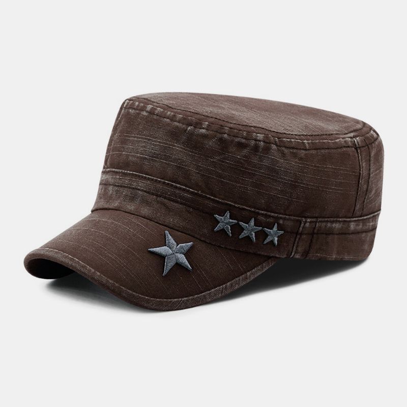 Hombres Hechos A Mano De Mezclilla Con Patrón De Bordado De Estrellas Visera Solar Transpirable Sombrero Militar Sombrero Plano Gorra Con Visera