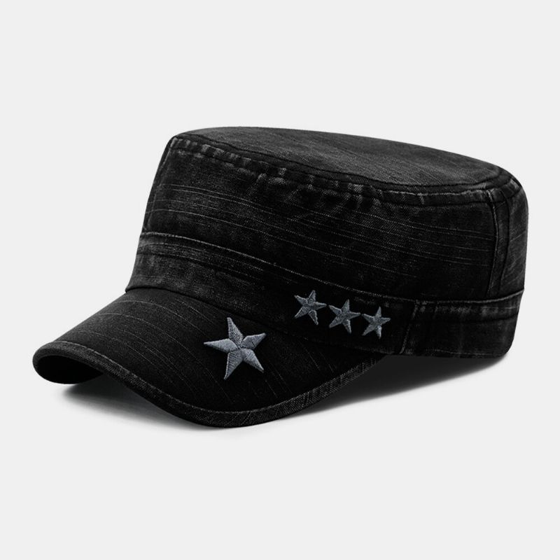 Hombres Hechos A Mano De Mezclilla Con Patrón De Bordado De Estrellas Visera Solar Transpirable Sombrero Militar Sombrero Plano Gorra Con Visera