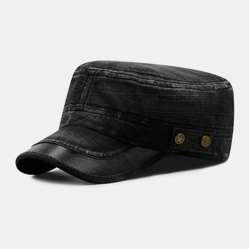 Hombres Hechos A Mano De Mezclilla Estrellas Remache Patrón Transpirable Visera Militar Sombrero Plano Gorra Con Visera