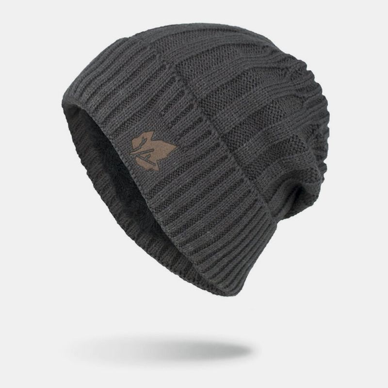 Hombres Invierno Más Terciopelo Bordado Hoja A Rayas Al Aire Libre Cálido Sombrero De Punto Beanie Hat Toque Hat