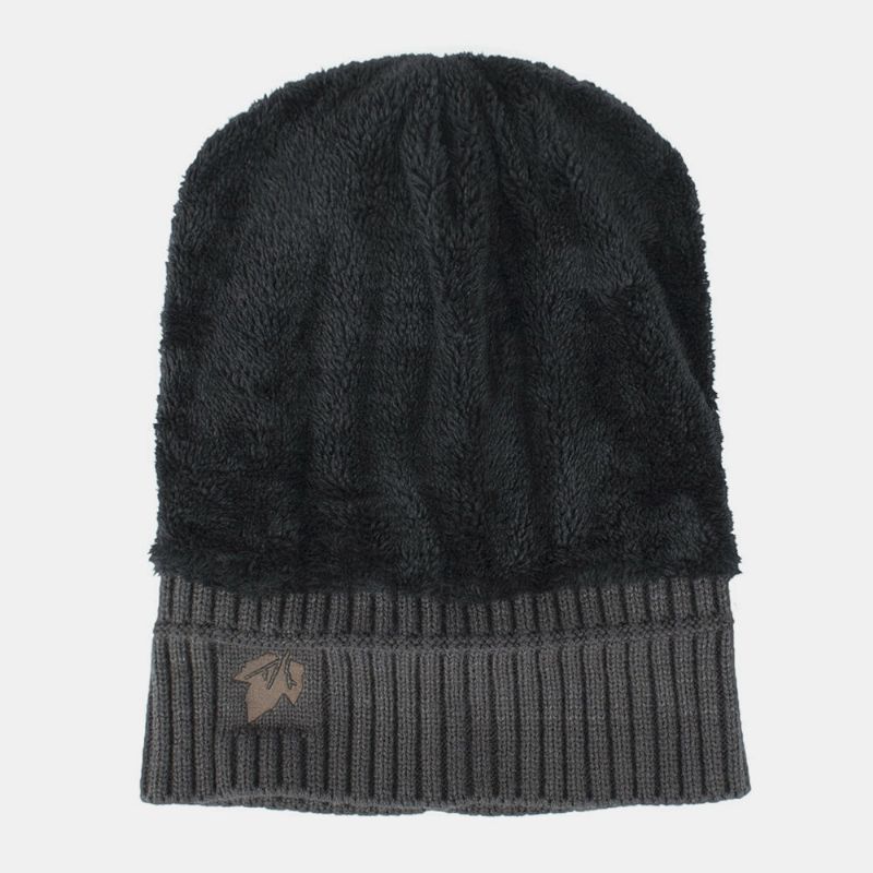 Hombres Invierno Más Terciopelo Bordado Hoja A Rayas Al Aire Libre Cálido Sombrero De Punto Beanie Hat Toque Hat