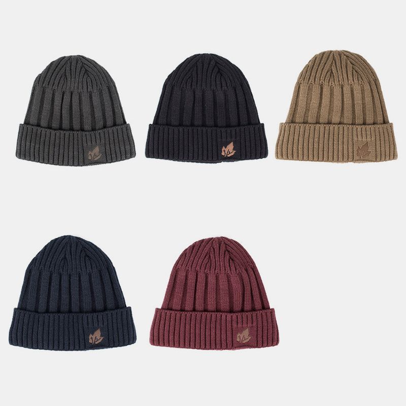 Hombres Invierno Más Terciopelo Bordado Hoja A Rayas Al Aire Libre Cálido Sombrero De Punto Beanie Hat Toque Hat