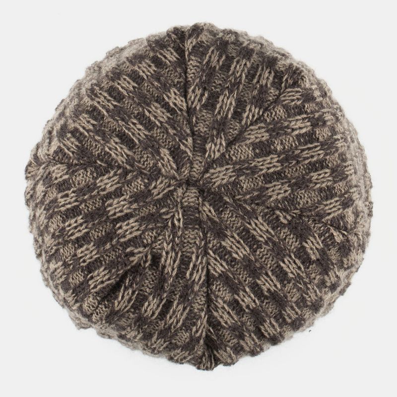 Hombres Invierno Plus Terciopelo Contraste Rayas Patrón Al Aire Libre Tejido Cálido Beanie Hat Toque Hat