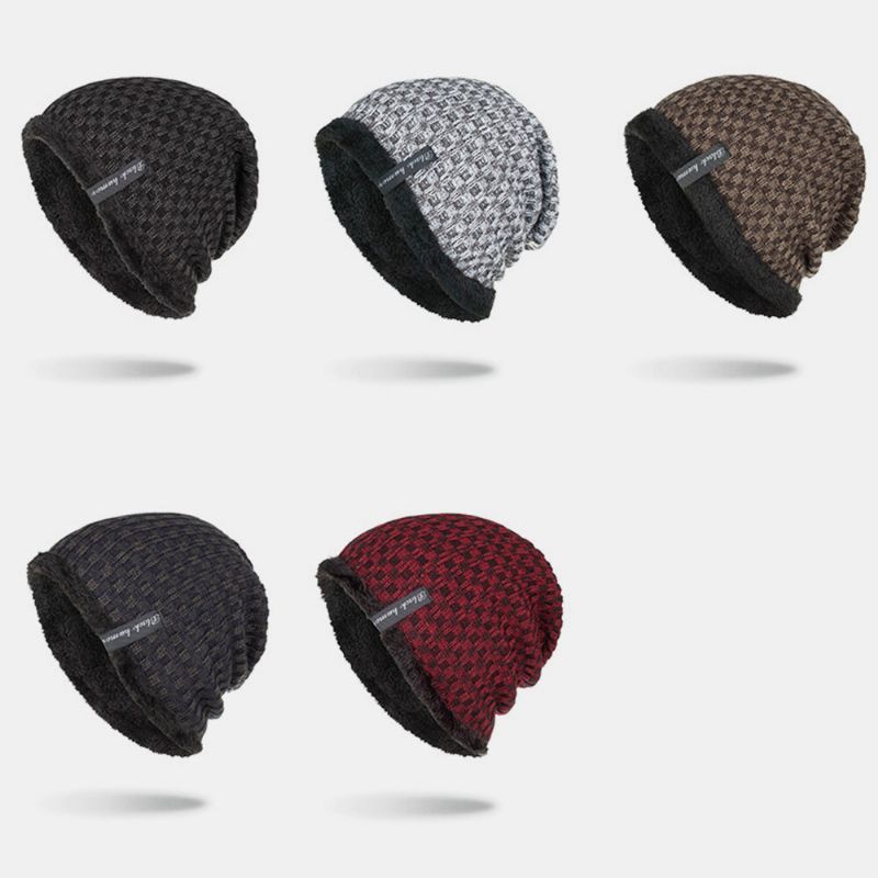 Hombres Invierno Plus Terciopelo Contraste Rayas Patrón Al Aire Libre Tejido Cálido Beanie Hat Toque Hat