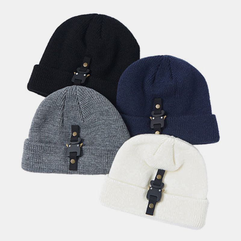 Hombres Lana Moda Casual Hebilla Cerrojo Hip-hop Mantener Caliente Sombrero De Punto Beanie Hat Toque Hat