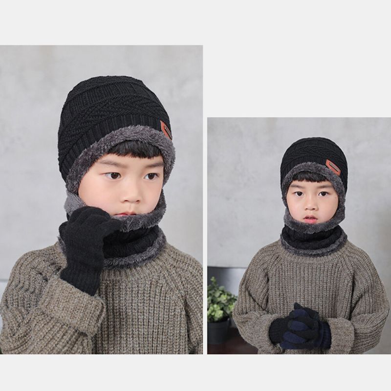 Hombres Niño 3pcs Color Sólido Mantener Caliente Conjuntos Moda Casual Sombrero De Lana Beanie Bufanda Guantes De Dedo Completo