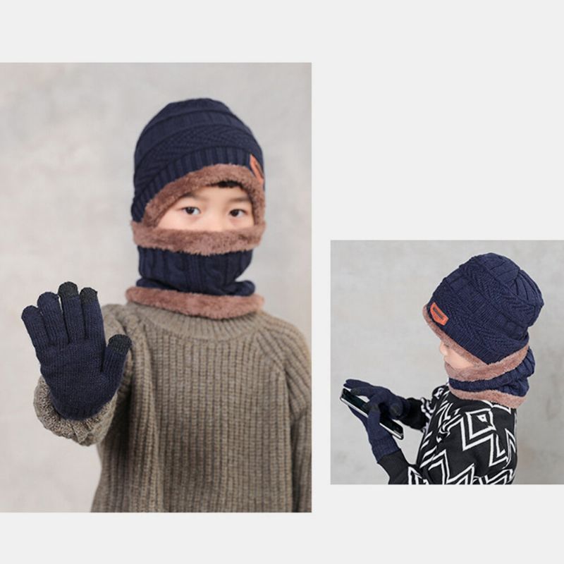 Hombres Niño 3pcs Color Sólido Mantener Caliente Conjuntos Moda Casual Sombrero De Lana Beanie Bufanda Guantes De Dedo Completo