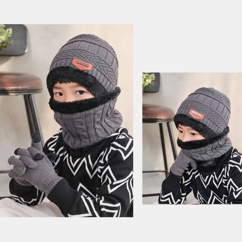 Hombres Niño 3pcs Color Sólido Mantener Caliente Conjuntos Moda Casual Sombrero De Lana Beanie Bufanda Guantes De Dedo Completo