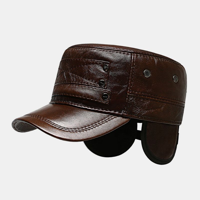 Hombres Piel De Vaca De Cuero Genuino Más Terciopelo Manténgase Caliente Protección Para Los Oídos Sombrero Plano Gorra Con Visera