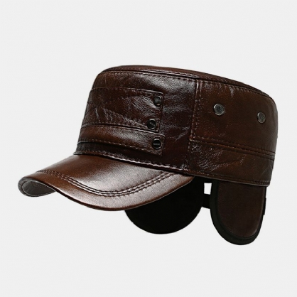 Hombres Piel De Vaca De Cuero Genuino Más Terciopelo Manténgase Caliente Protección Para Los Oídos Sombrero Plano Gorra Con Visera