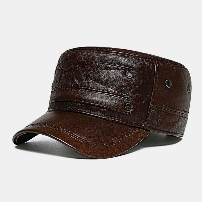 Hombres Piel De Vaca De Cuero Genuino Más Terciopelo Manténgase Caliente Protección Para Los Oídos Sombrero Plano Gorra Con Visera