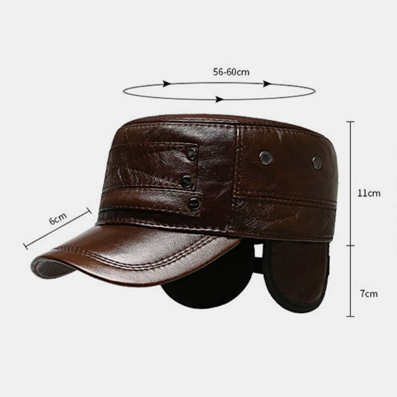 Hombres Piel De Vaca De Cuero Genuino Más Terciopelo Manténgase Caliente Protección Para Los Oídos Sombrero Plano Gorra Con Visera