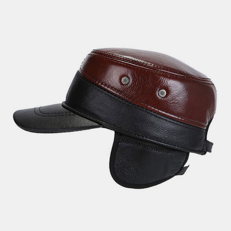 Hombres Protección Para Los Oídos De Cuero Genuino Casual Clásico Sombrero Plano Militar Gorra Con Visera