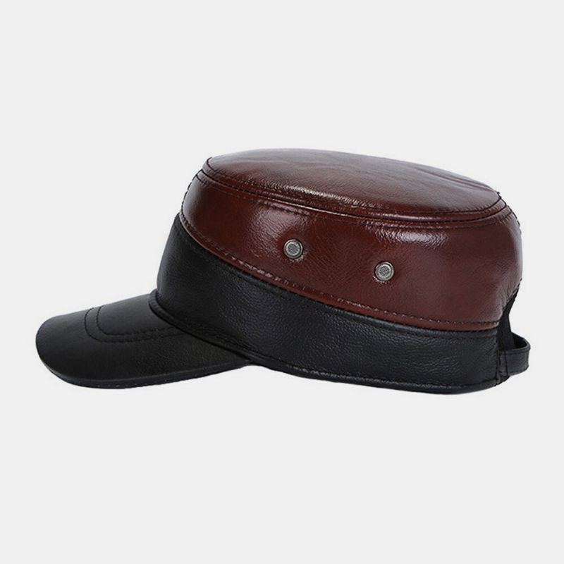 Hombres Protección Para Los Oídos De Cuero Genuino Casual Clásico Sombrero Plano Militar Gorra Con Visera