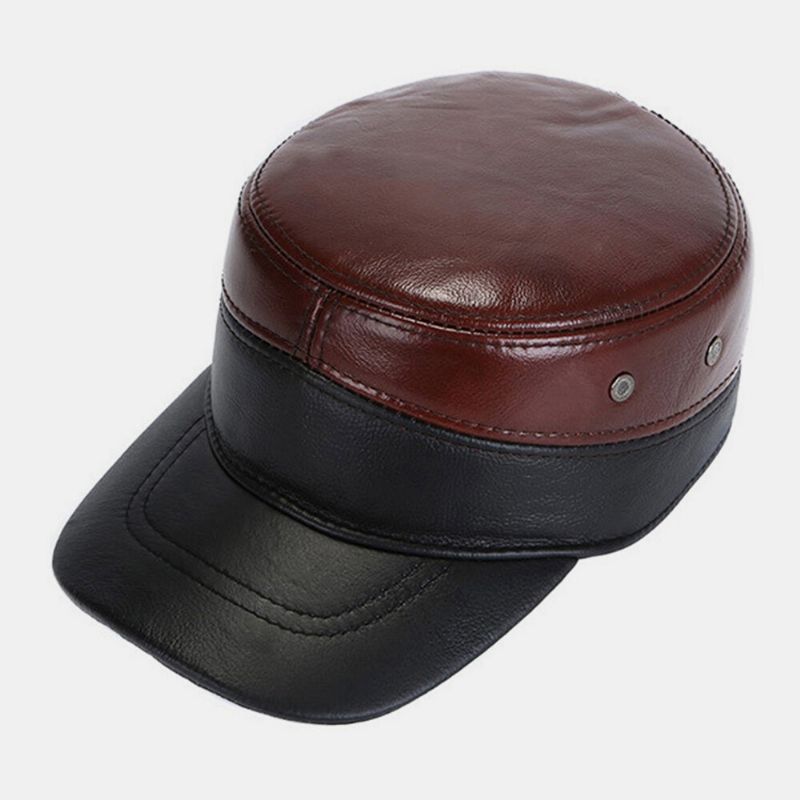 Hombres Protección Para Los Oídos De Cuero Genuino Casual Clásico Sombrero Plano Militar Gorra Con Visera