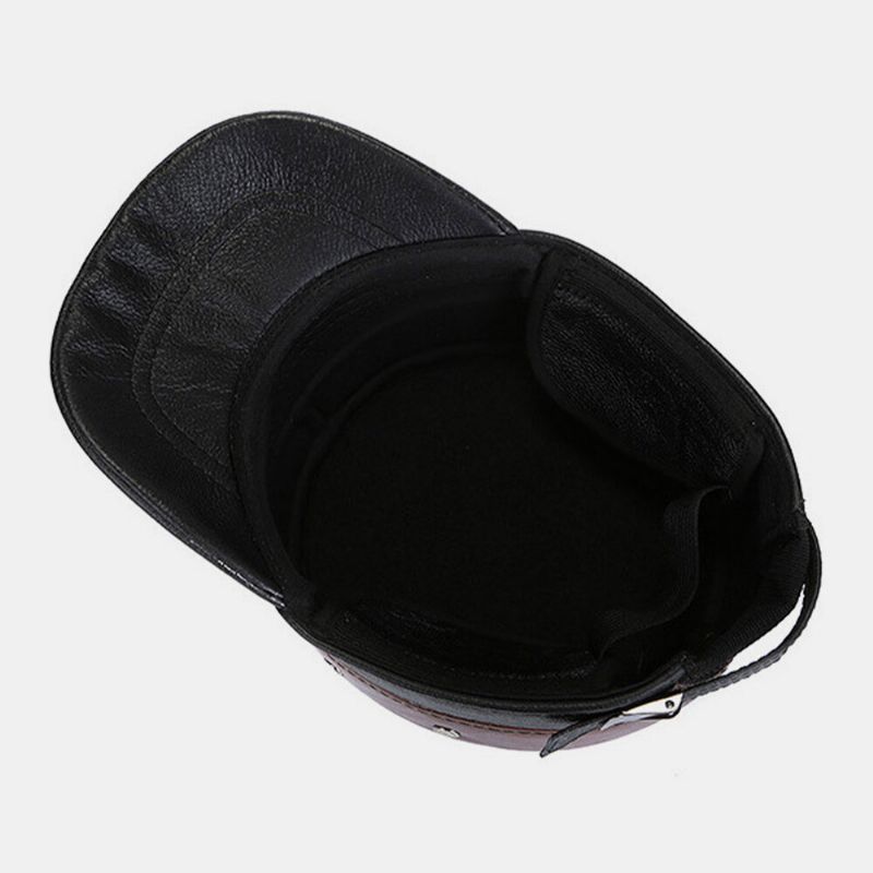 Hombres Protección Para Los Oídos De Cuero Genuino Casual Clásico Sombrero Plano Militar Gorra Con Visera