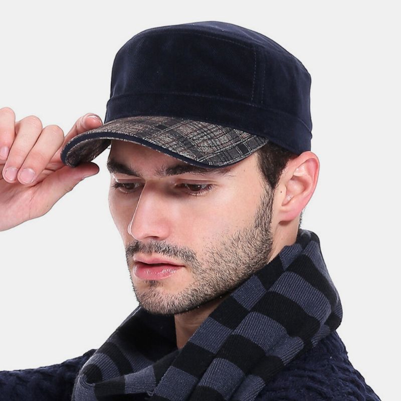 Hombres Terciopelo Color De Contraste Visera Cálida Deporte Informal Sombrero Militar Sombrero Plano Gorra Con Visera