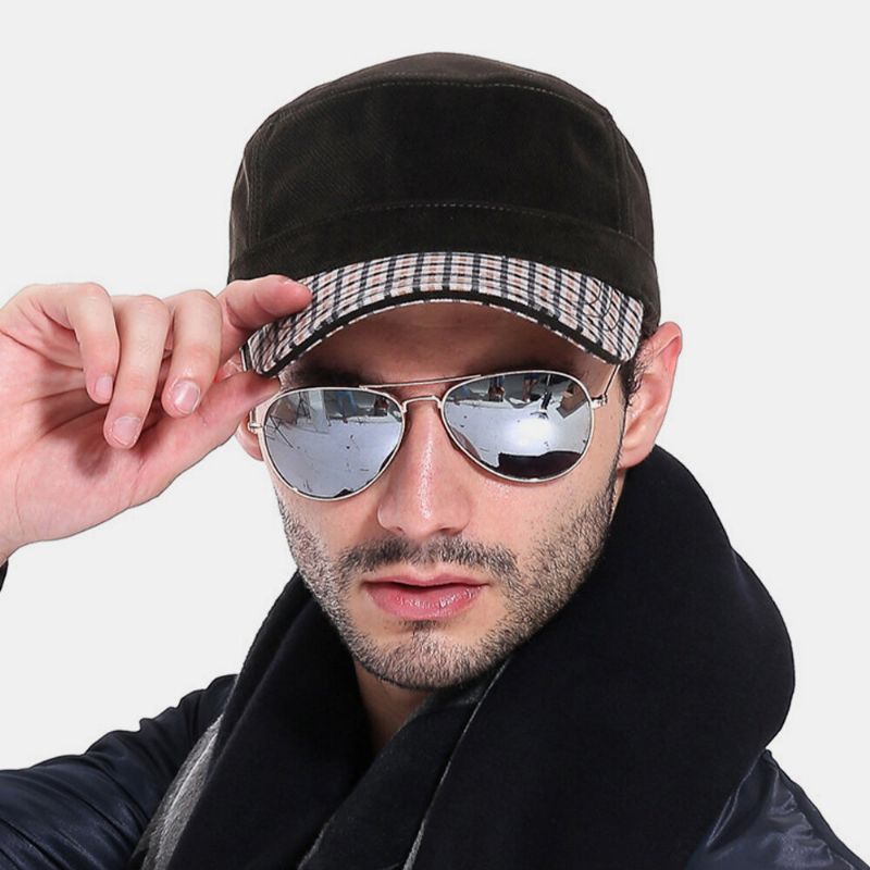 Hombres Terciopelo Color De Contraste Visera Cálida Deporte Informal Sombrero Militar Sombrero Plano Gorra Con Visera