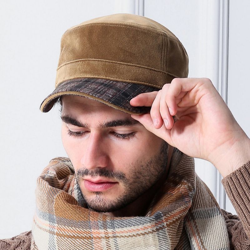 Hombres Terciopelo Color De Contraste Visera Cálida Deporte Informal Sombrero Militar Sombrero Plano Gorra Con Visera