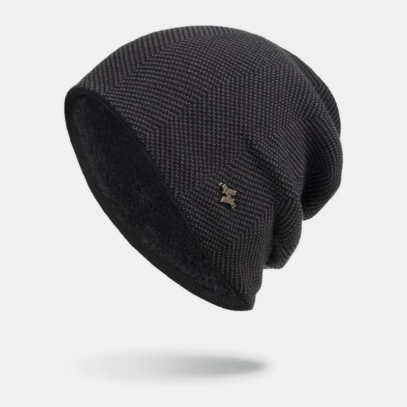 Hombres Winter Plus Velvet H Badge Pattern Tejido Al Aire Libre Cálido Beanie Toque Hat