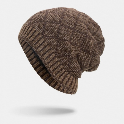 Hombres Winter Plus Velvet Plaid Pattern Tejido Al Aire Libre Cálido Beanie Toque Hat