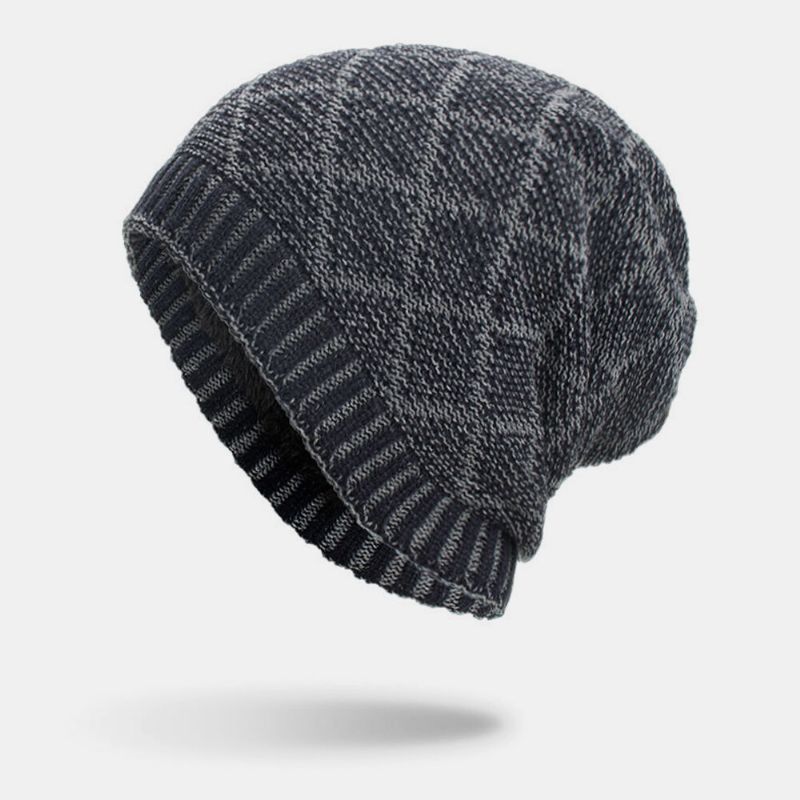 Hombres Winter Plus Velvet Plaid Pattern Tejido Al Aire Libre Cálido Beanie Toque Hat