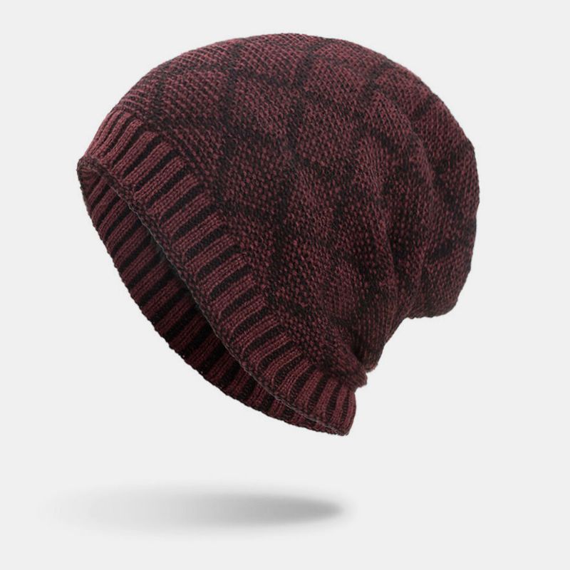 Hombres Winter Plus Velvet Plaid Pattern Tejido Al Aire Libre Cálido Beanie Toque Hat