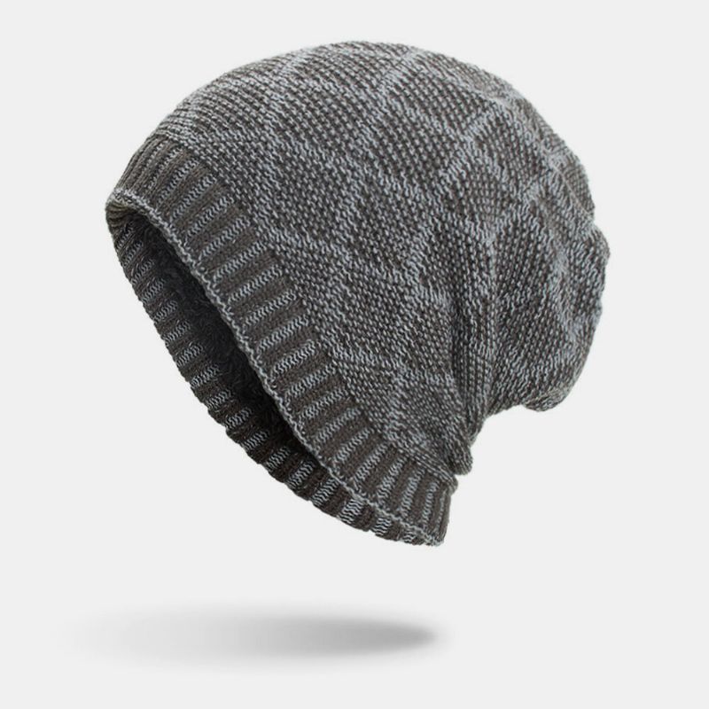 Hombres Winter Plus Velvet Plaid Pattern Tejido Al Aire Libre Cálido Beanie Toque Hat