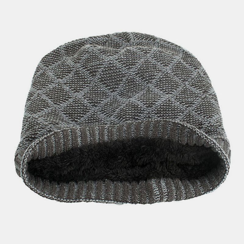 Hombres Winter Plus Velvet Plaid Pattern Tejido Al Aire Libre Cálido Beanie Toque Hat