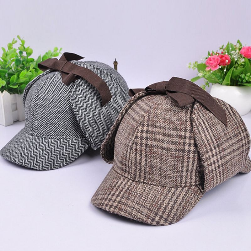 Hombres Y Mujeres De Doble Ala Cosplay Detective Plaids Almohadillas Para Los Oídos Sombrero De Cazador De Ciervos Sombrero De Béisbol