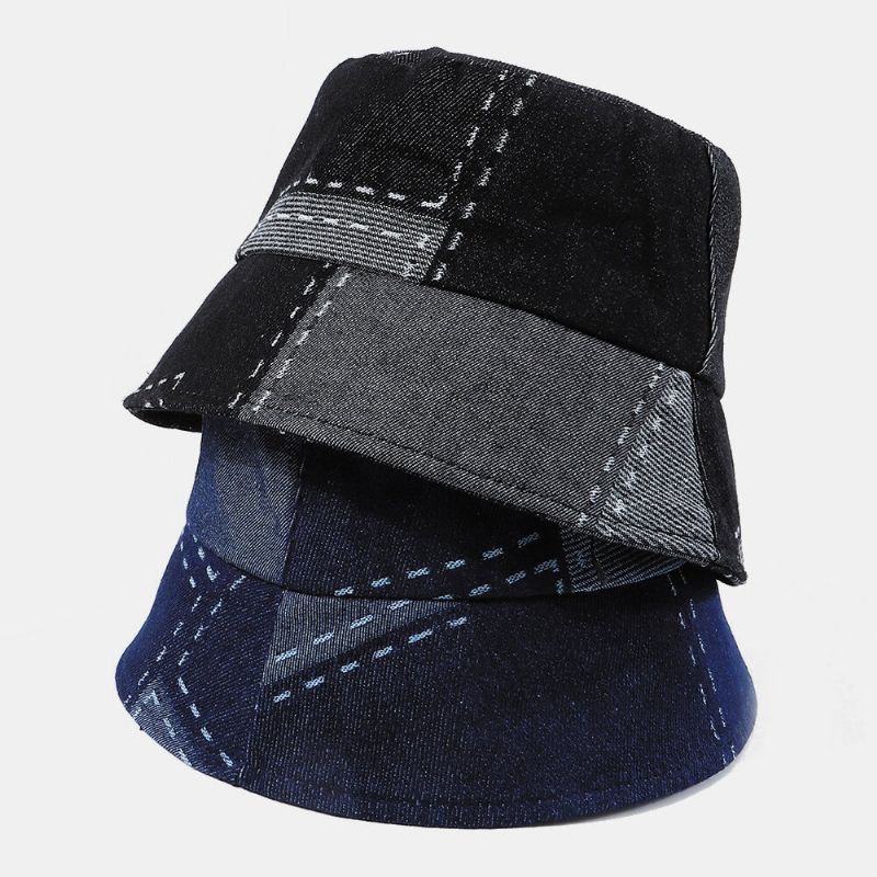 Hombres Y Mujeres Retro Patchwork Denim Al Aire Libre Todo-fósforo Viaje Sombrilla Sombrero De Pesca Sombrero De Cubo