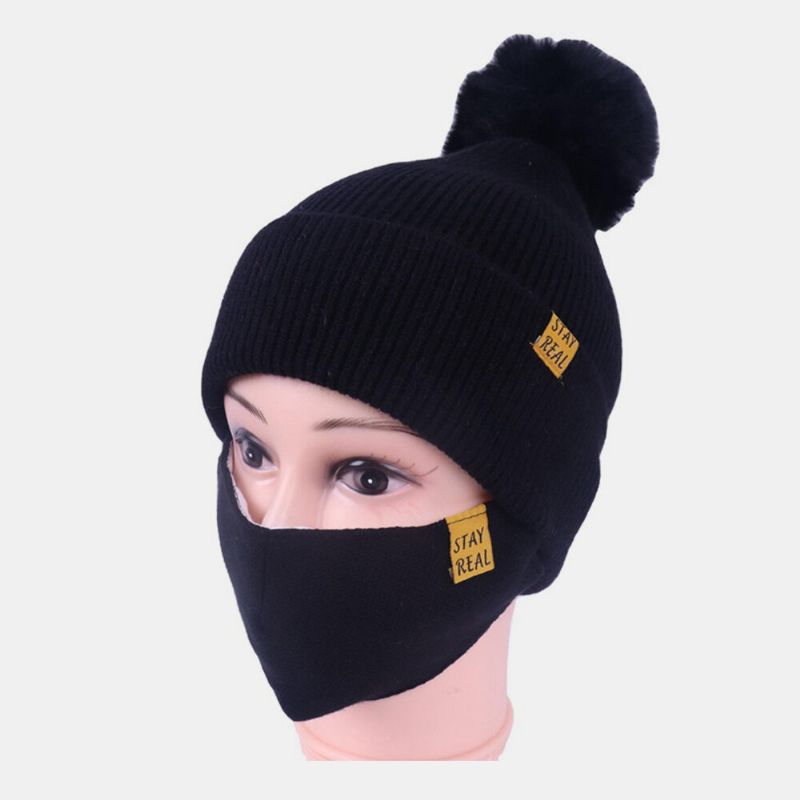 Mujeres 2pcs Lana Invierno Mantener Abrigado Diario Casual Cuello Protección Facial Pelusa Bola Gorro De Punto Máscara