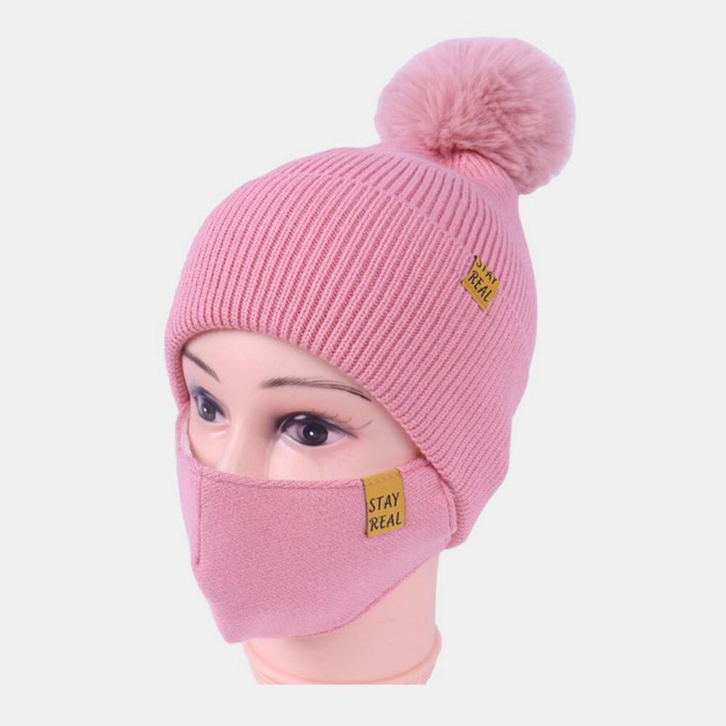 Mujeres 2pcs Lana Invierno Mantener Abrigado Diario Casual Cuello Protección Facial Pelusa Bola Gorro De Punto Máscara