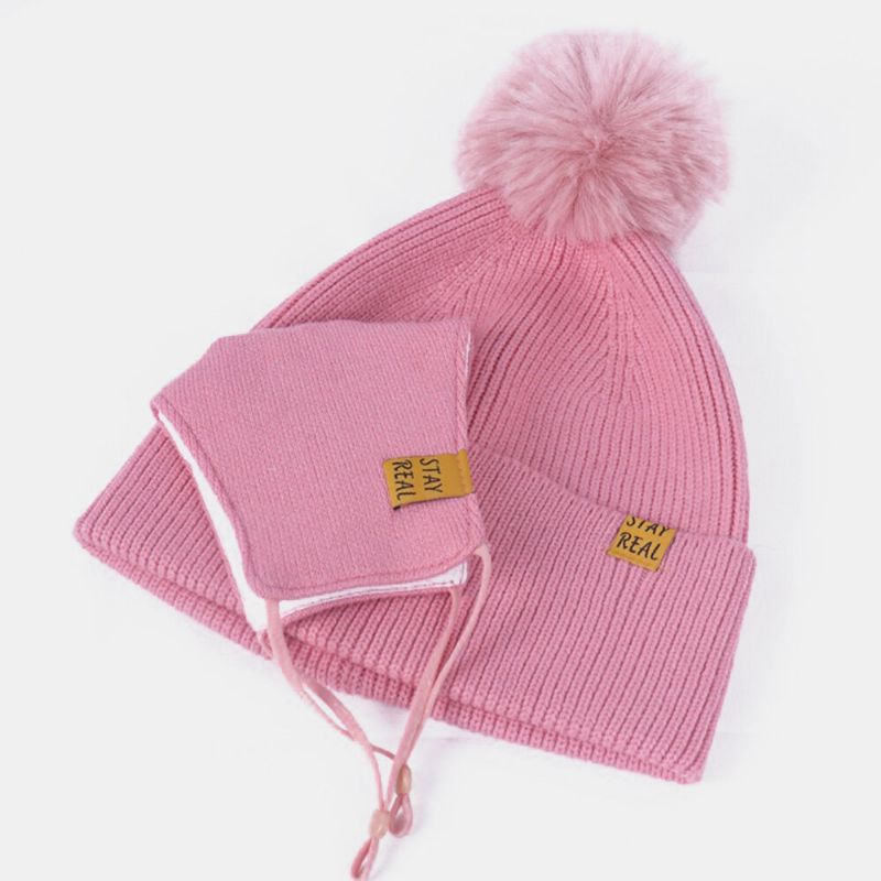 Mujeres 2pcs Lana Invierno Mantener Abrigado Diario Casual Cuello Protección Facial Pelusa Bola Gorro De Punto Máscara