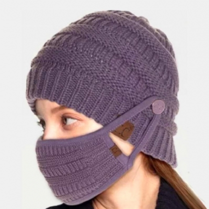 Mujeres 2pcs Lana Plus Thicken Keep Warm Ear Protección Facial Máscara De Gorro De Punto Con Bola De Pelusa