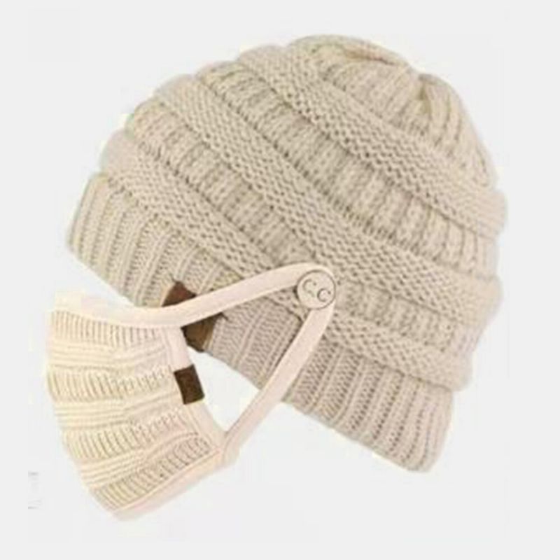 Mujeres 2pcs Lana Plus Thicken Keep Warm Ear Protección Facial Máscara De Gorro De Punto Con Bola De Pelusa