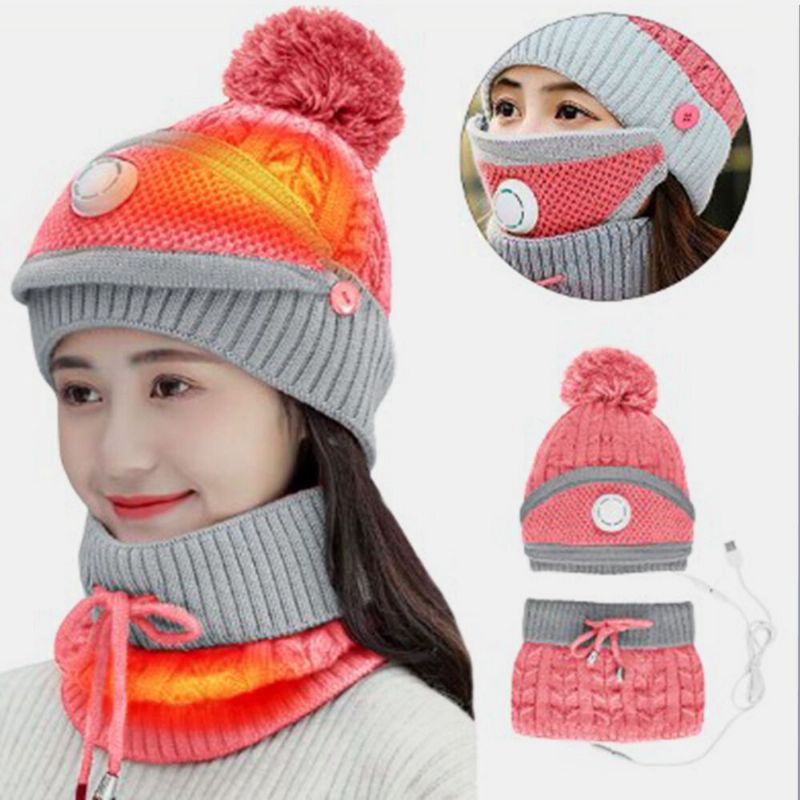 Mujeres 3pcs Carga Usb Calefacción Cálido Invierno Al Aire Libre Protección Para El Cuello Y La Cara Sombrero De Punto Bufanda Máscara