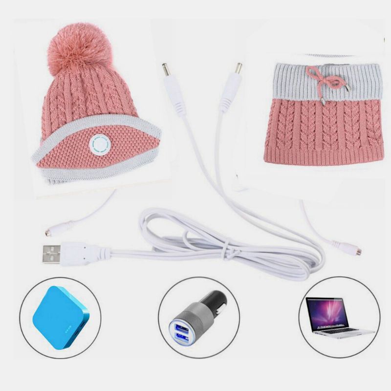 Mujeres 3pcs Carga Usb Calefacción Cálido Invierno Al Aire Libre Protección Para El Cuello Y La Cara Sombrero De Punto Bufanda Máscara