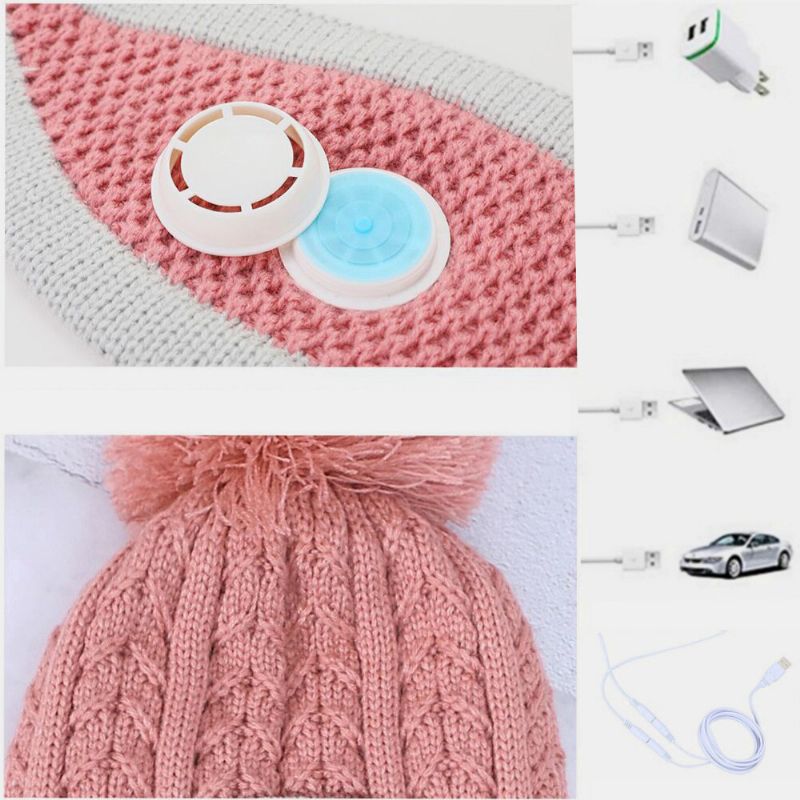 Mujeres 3pcs Carga Usb Calefacción Cálido Invierno Al Aire Libre Protección Para El Cuello Y La Cara Sombrero De Punto Bufanda Máscara