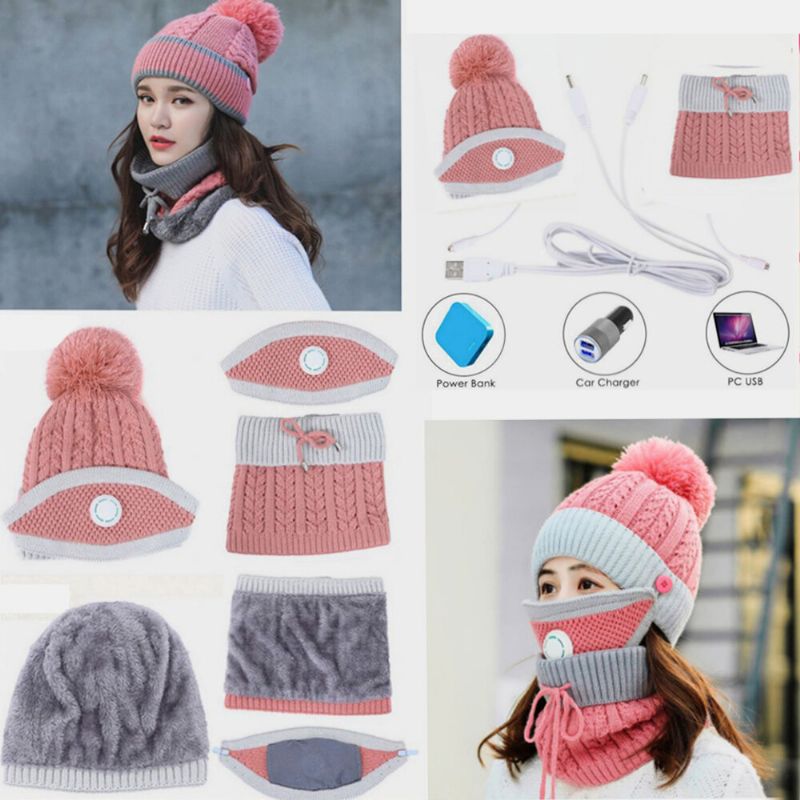 Mujeres 3pcs Carga Usb Calefacción Cálido Invierno Al Aire Libre Protección Para El Cuello Y La Cara Sombrero De Punto Bufanda Máscara