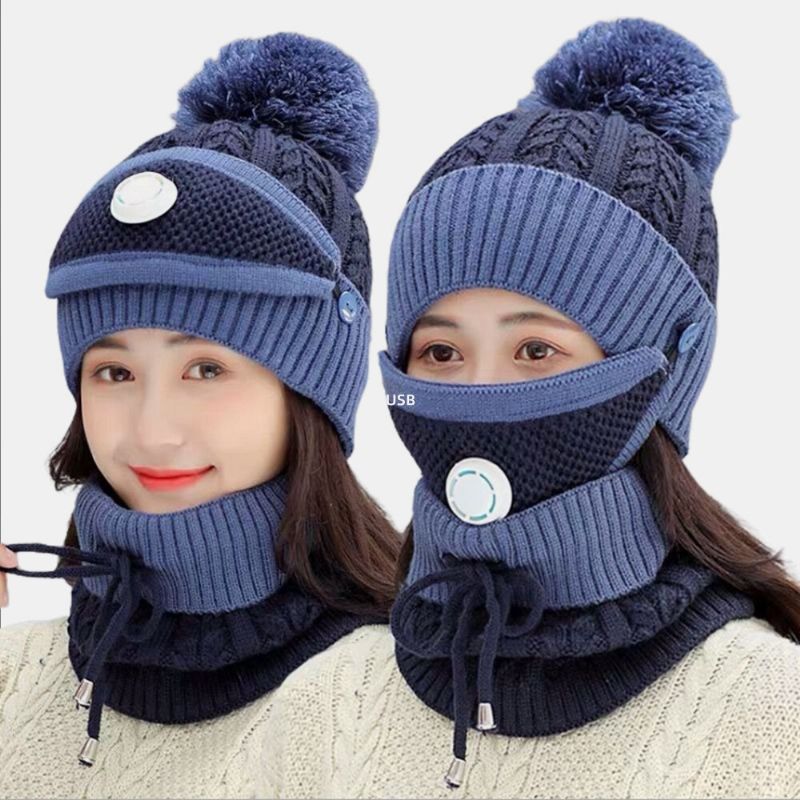 Mujeres 3pcs Carga Usb Calefacción Cálido Invierno Al Aire Libre Protección Para El Cuello Y La Cara Sombrero De Punto Bufanda Máscara