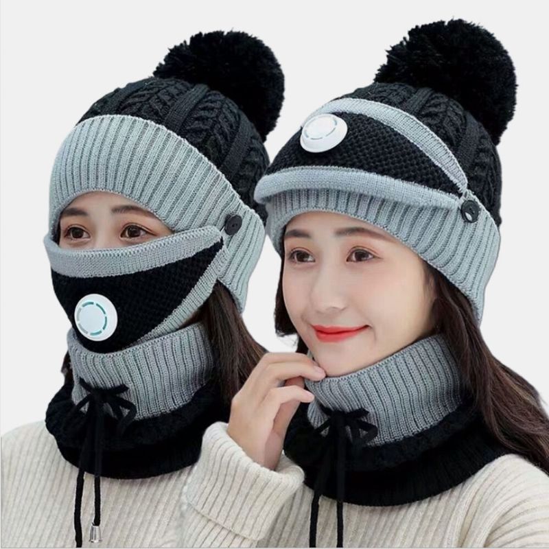 Mujeres 3pcs Carga Usb Calefacción Cálido Invierno Al Aire Libre Protección Para El Cuello Y La Cara Sombrero De Punto Bufanda Máscara