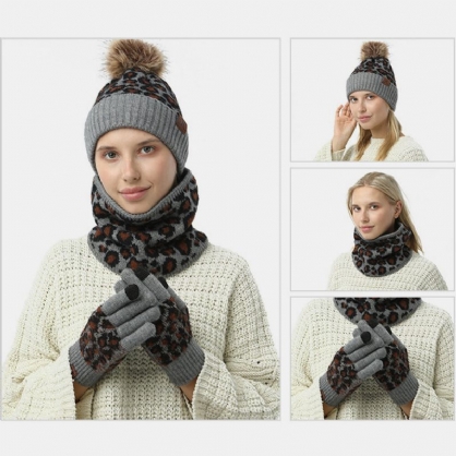 Mujeres 3pcs Lana Patrón De Leopardo Pantalla Táctil Guantes De Punto Bufanda De Protección Para El Cuello Sombrero De Punto Cálido