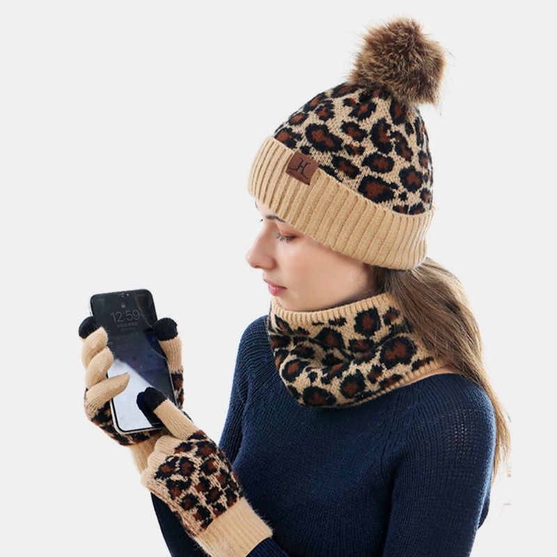 Mujeres 3pcs Lana Patrón De Leopardo Pantalla Táctil Guantes De Punto Bufanda De Protección Para El Cuello Sombrero De Punto Cálido