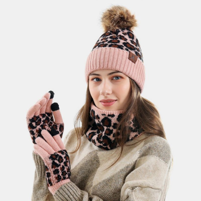 Mujeres 3pcs Lana Patrón De Leopardo Pantalla Táctil Guantes De Punto Bufanda De Protección Para El Cuello Sombrero De Punto Cálido