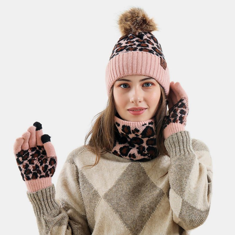 Mujeres 3pcs Lana Patrón De Leopardo Pantalla Táctil Guantes De Punto Bufanda De Protección Para El Cuello Sombrero De Punto Cálido