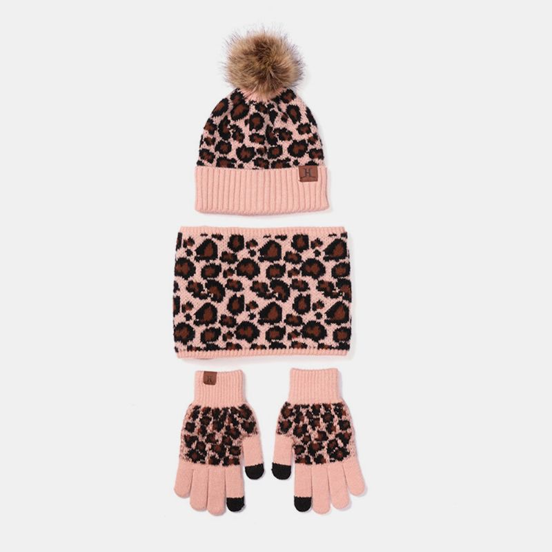 Mujeres 3pcs Lana Patrón De Leopardo Pantalla Táctil Guantes De Punto Bufanda De Protección Para El Cuello Sombrero De Punto Cálido