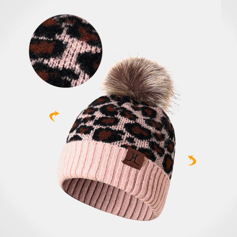 Mujeres 3pcs Lana Patrón De Leopardo Pantalla Táctil Guantes De Punto Bufanda De Protección Para El Cuello Sombrero De Punto Cálido