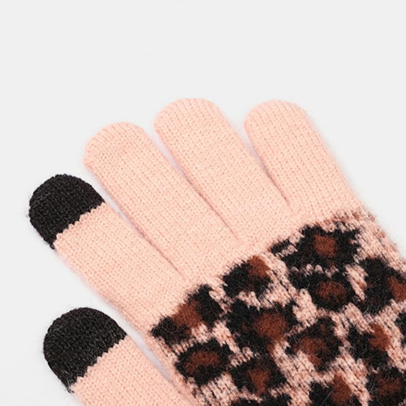 Mujeres 3pcs Lana Patrón De Leopardo Pantalla Táctil Guantes De Punto Bufanda De Protección Para El Cuello Sombrero De Punto Cálido